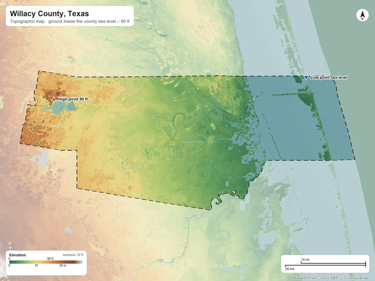 Topographic elevation map of Willacy County, Texas, shaded from sea level on the Gulf of America to 90 ft on the west side