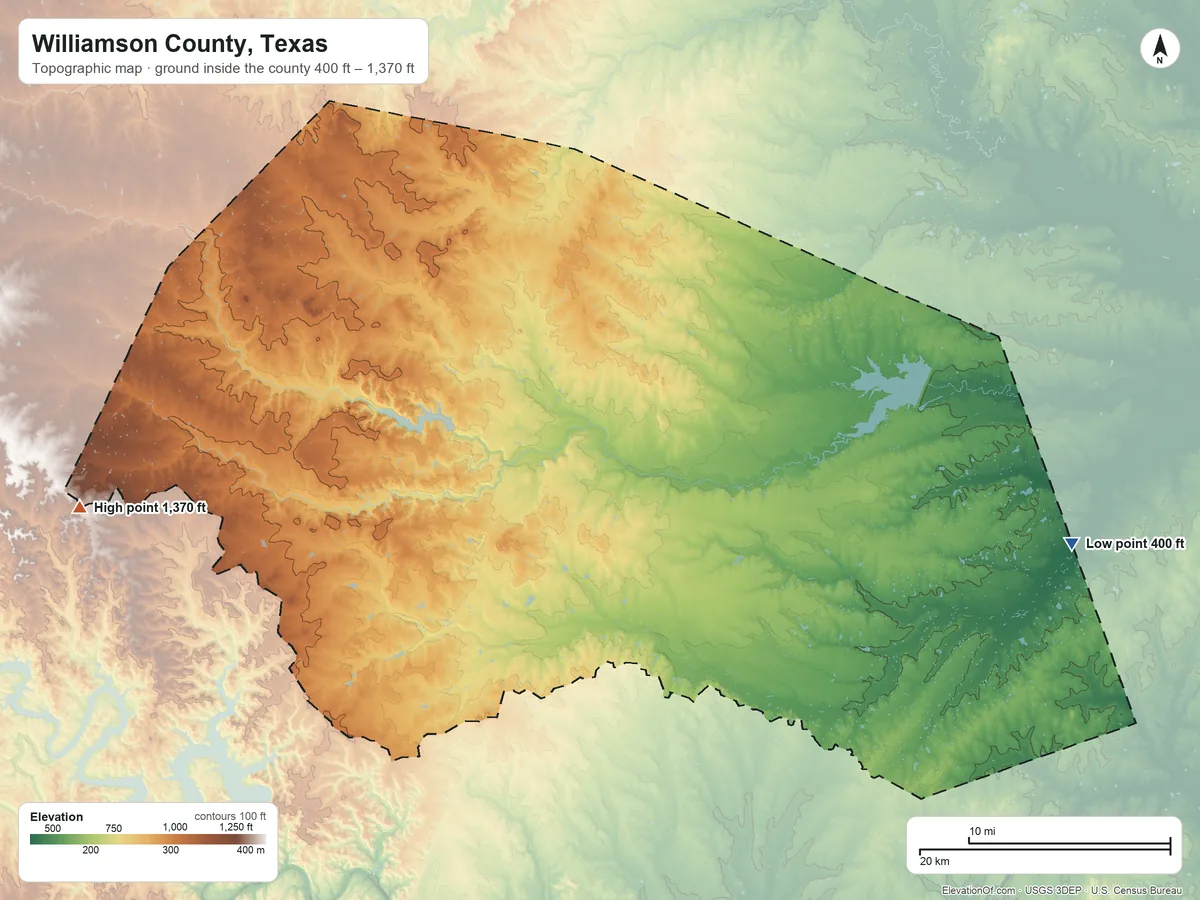 Topographic elevation map of Williamson County, Texas, shaded from 400 ft on the east side to 1,370 ft on the west side