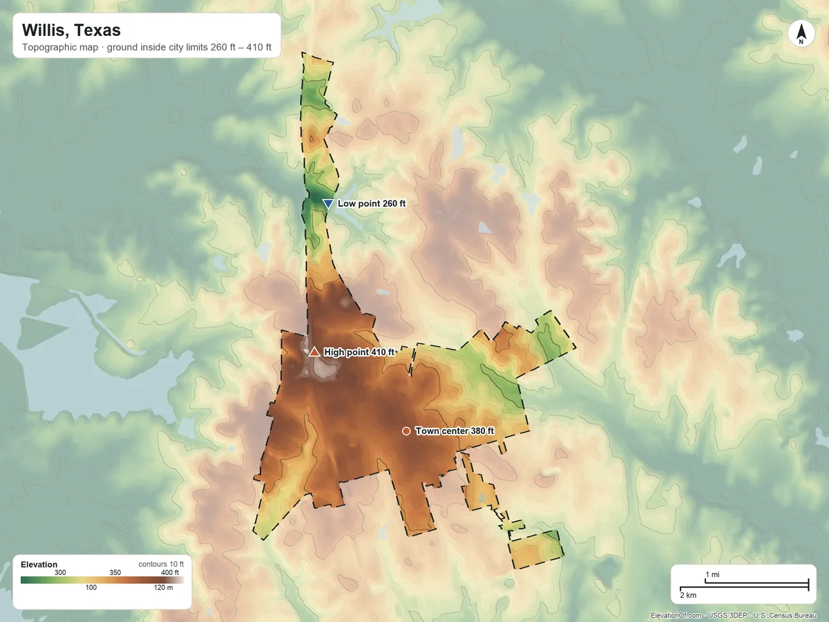 Topographic elevation map of Willis, Texas, shaded from 260 ft on the north side to 410 ft on the northwest side
