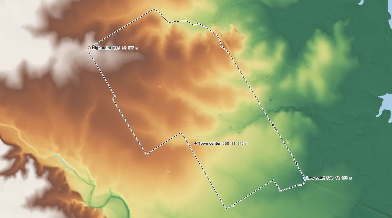 Topographic elevation map of Willow Grove, Texas, shaded from 500 ft on the east side to 610 ft on the northwest side