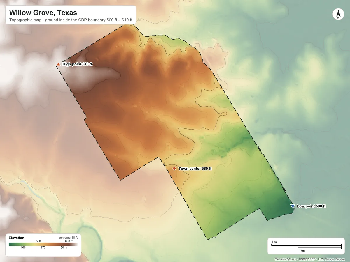 Topographic elevation map of Willow Grove, Texas, shaded from 500 ft on the east side to 610 ft on the northwest side