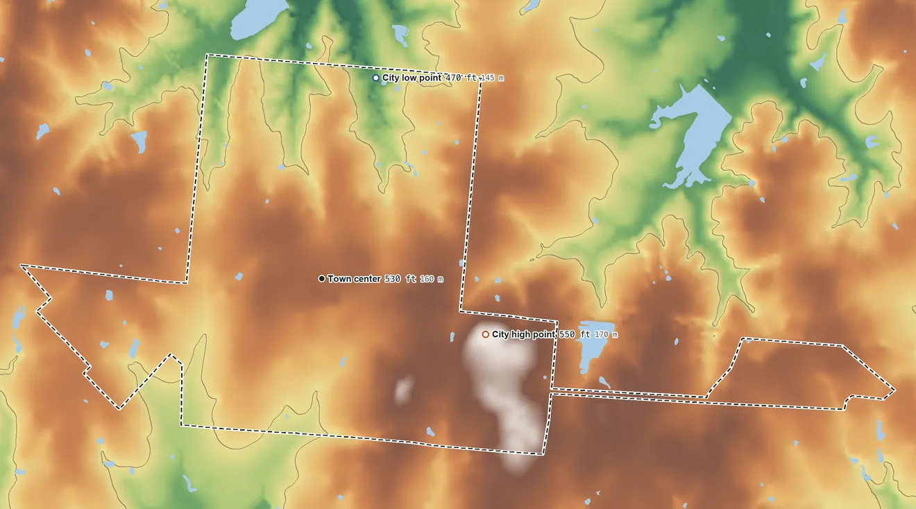 Topographic elevation map of Wills Point, Texas, shaded from 470 ft on the north side to 550 ft on the east side