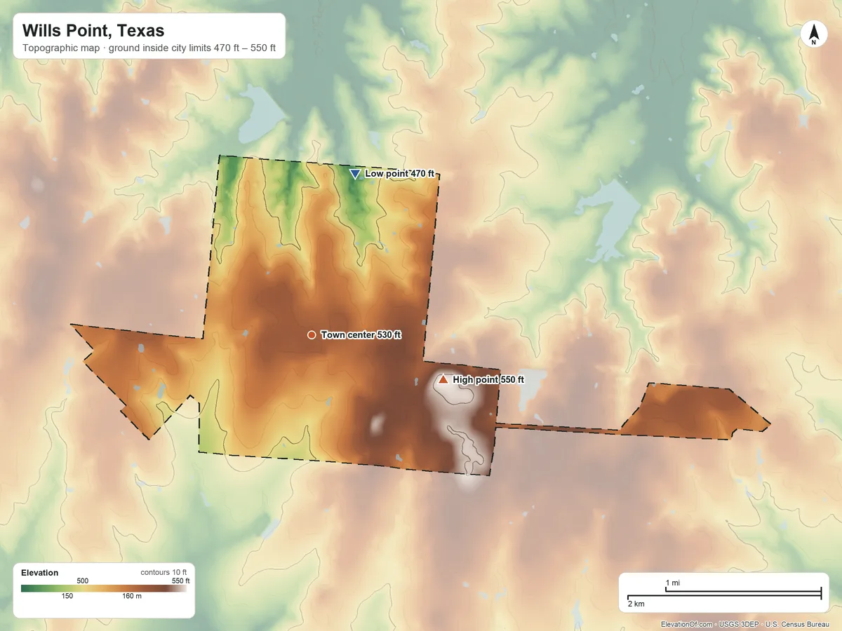 Topographic elevation map of Wills Point, Texas, shaded from 470 ft on the north side to 550 ft on the east side
