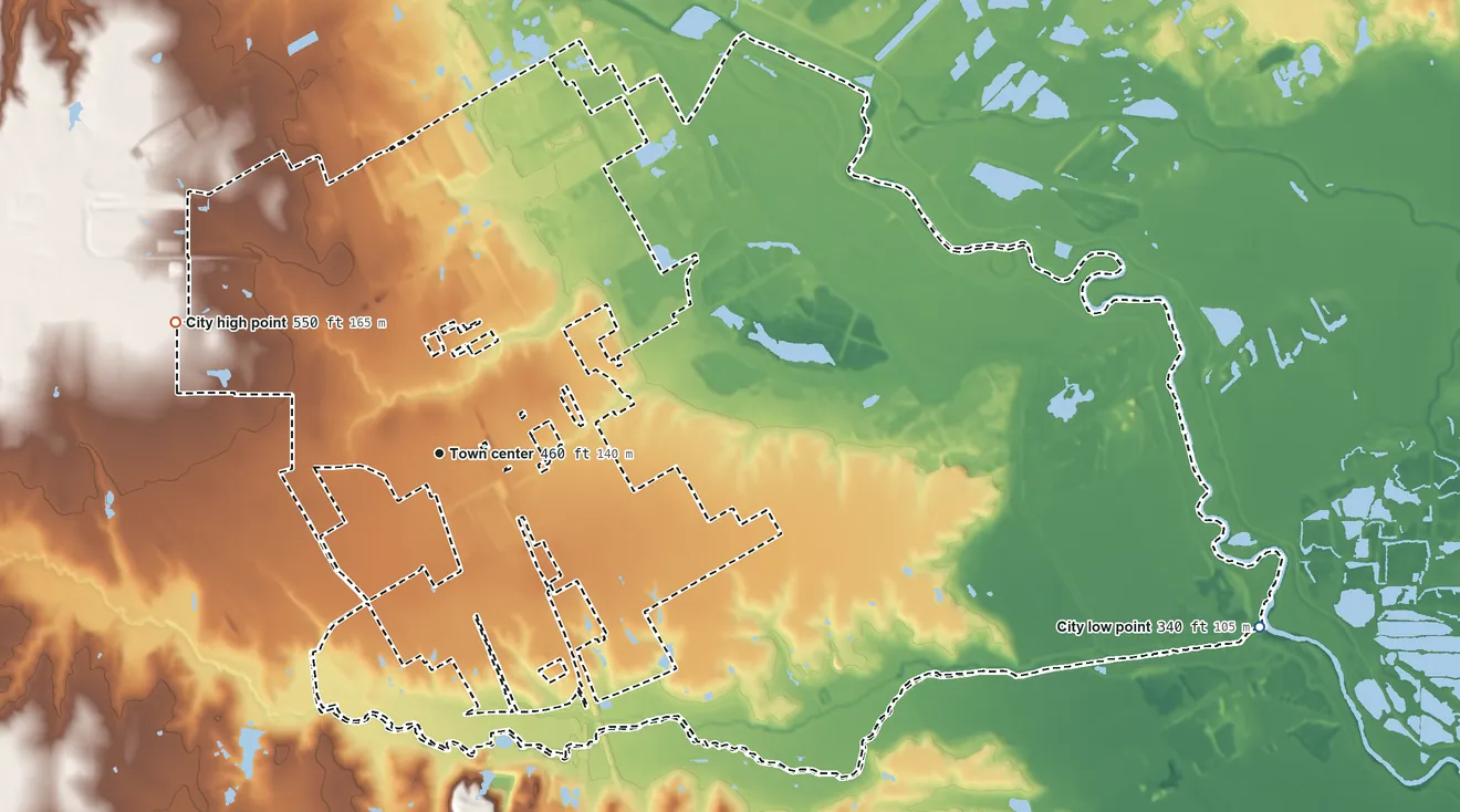 Topographic elevation map of Wilmer, Texas, shaded from 340 ft on the east side to 550 ft on the northwest side