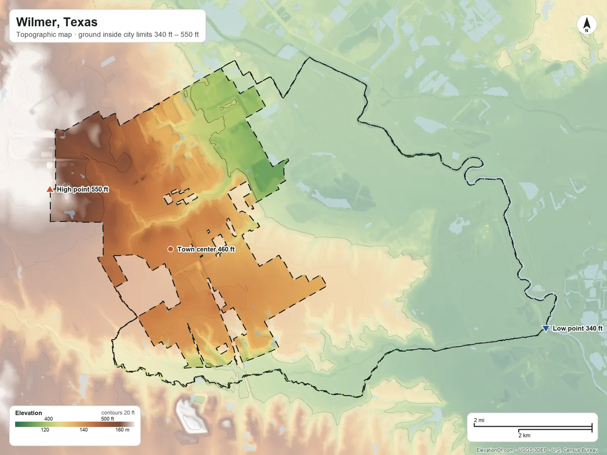 Topographic elevation map of Wilmer, Texas, shaded from 340 ft on the east side to 550 ft on the northwest side