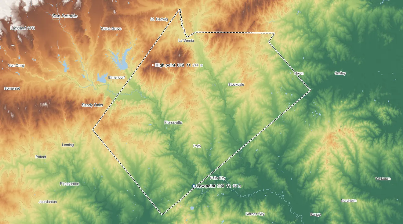 Topographic elevation map of Wilson County, Texas, shaded from 290 ft on the south side to 800 ft on Rocky Point