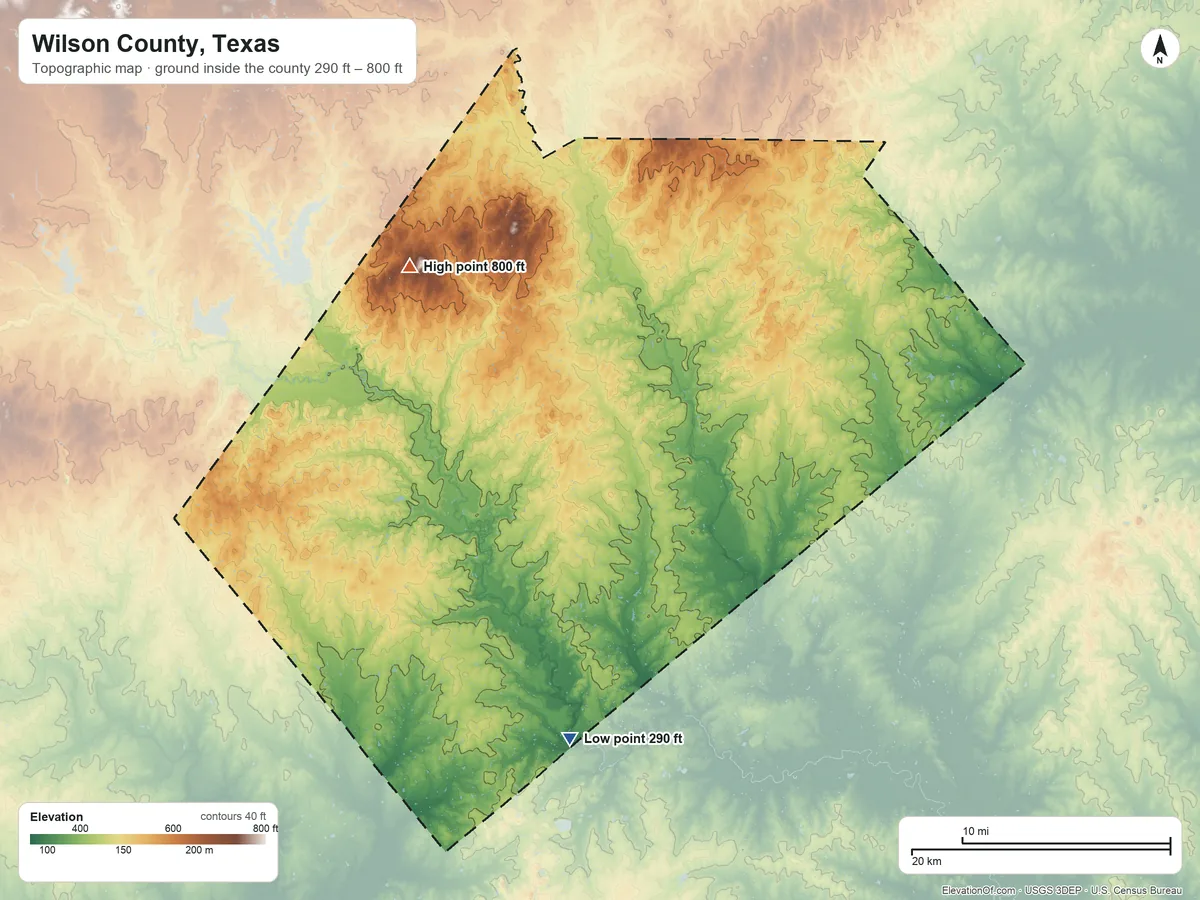 Topographic elevation map of Wilson County, Texas, shaded from 290 ft on the south side to 800 ft on Rocky Point