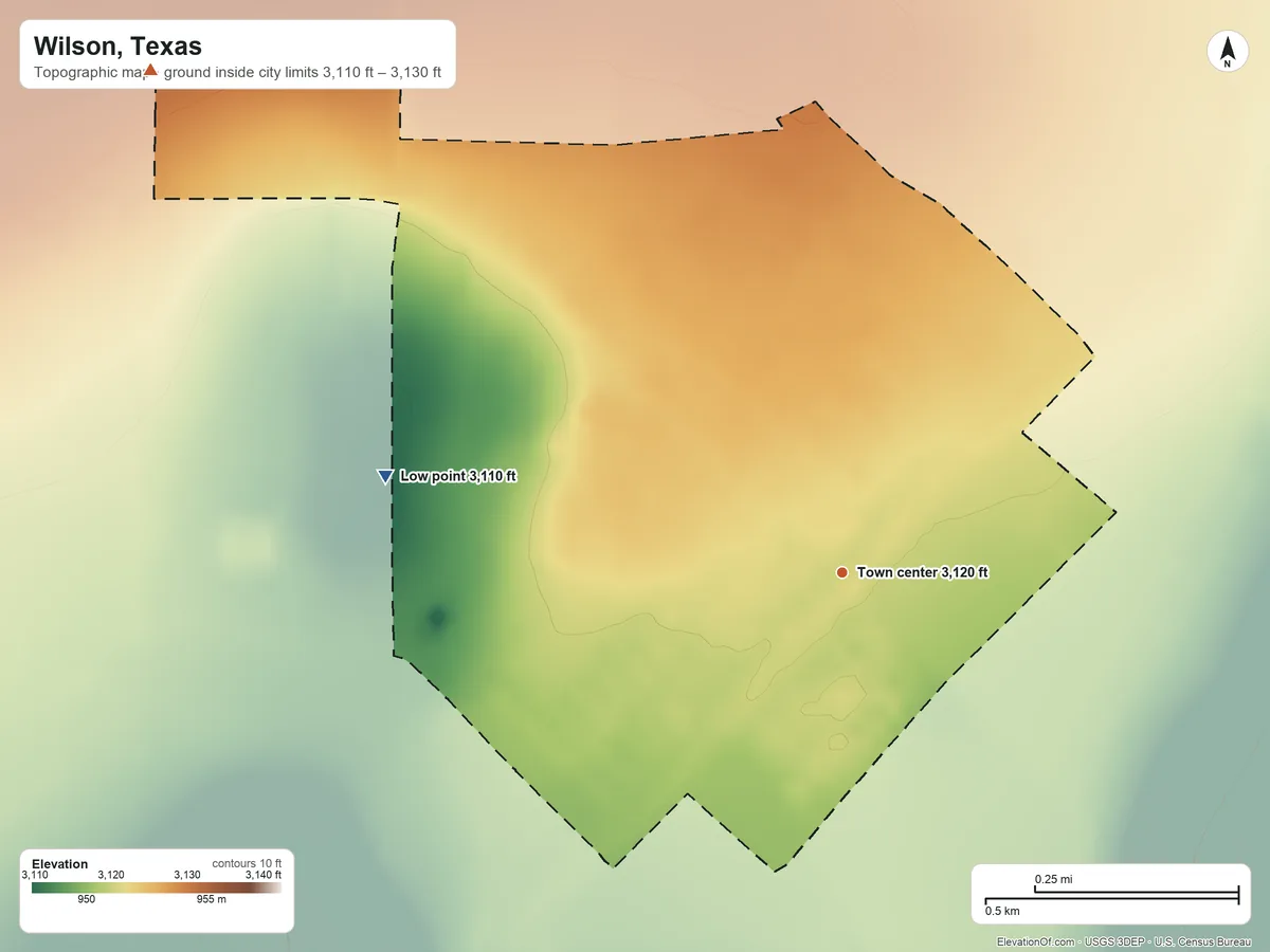 Topographic elevation map of Wilson, Texas, shaded from 3,110 ft on the west side to 3,130 ft on the northwest side