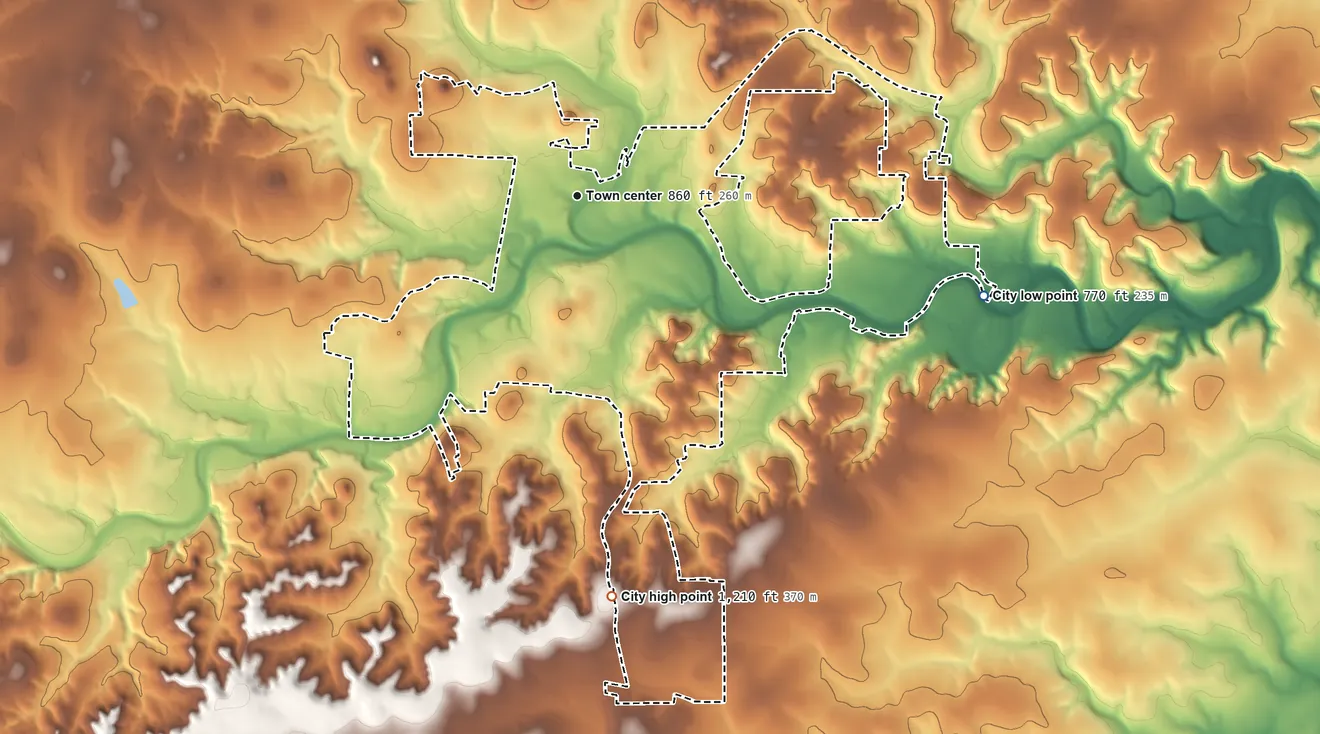 Topographic elevation map of Wimberley, Texas, shaded from 770 ft on the east side to 1,210 ft on the south side