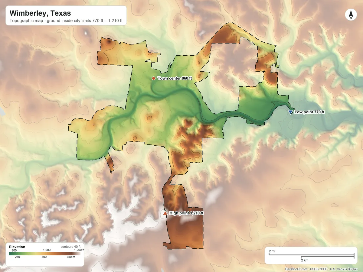Topographic elevation map of Wimberley, Texas, shaded from 770 ft on the east side to 1,210 ft on the south side