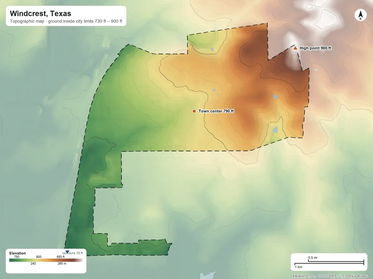 Topographic elevation map of Windcrest, Texas, shaded from 730 ft on the southwest side to 900 ft on the northeast side