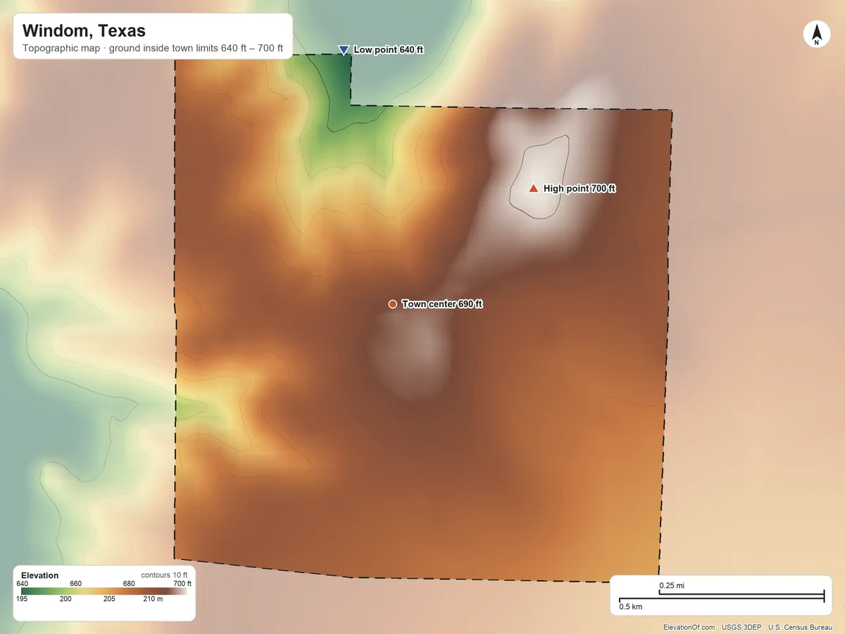 Topographic elevation map of Windom, Texas, shaded from 640 ft on the north side to 700 ft on the northeast side