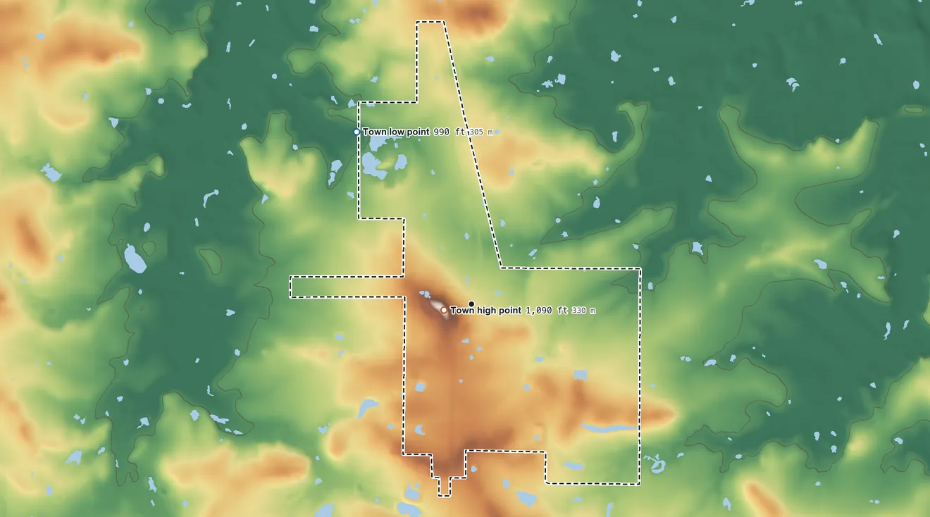 Topographic elevation map of Windthorst, Texas, shaded from 990 ft on the northwest side to 1,090 ft near the middle