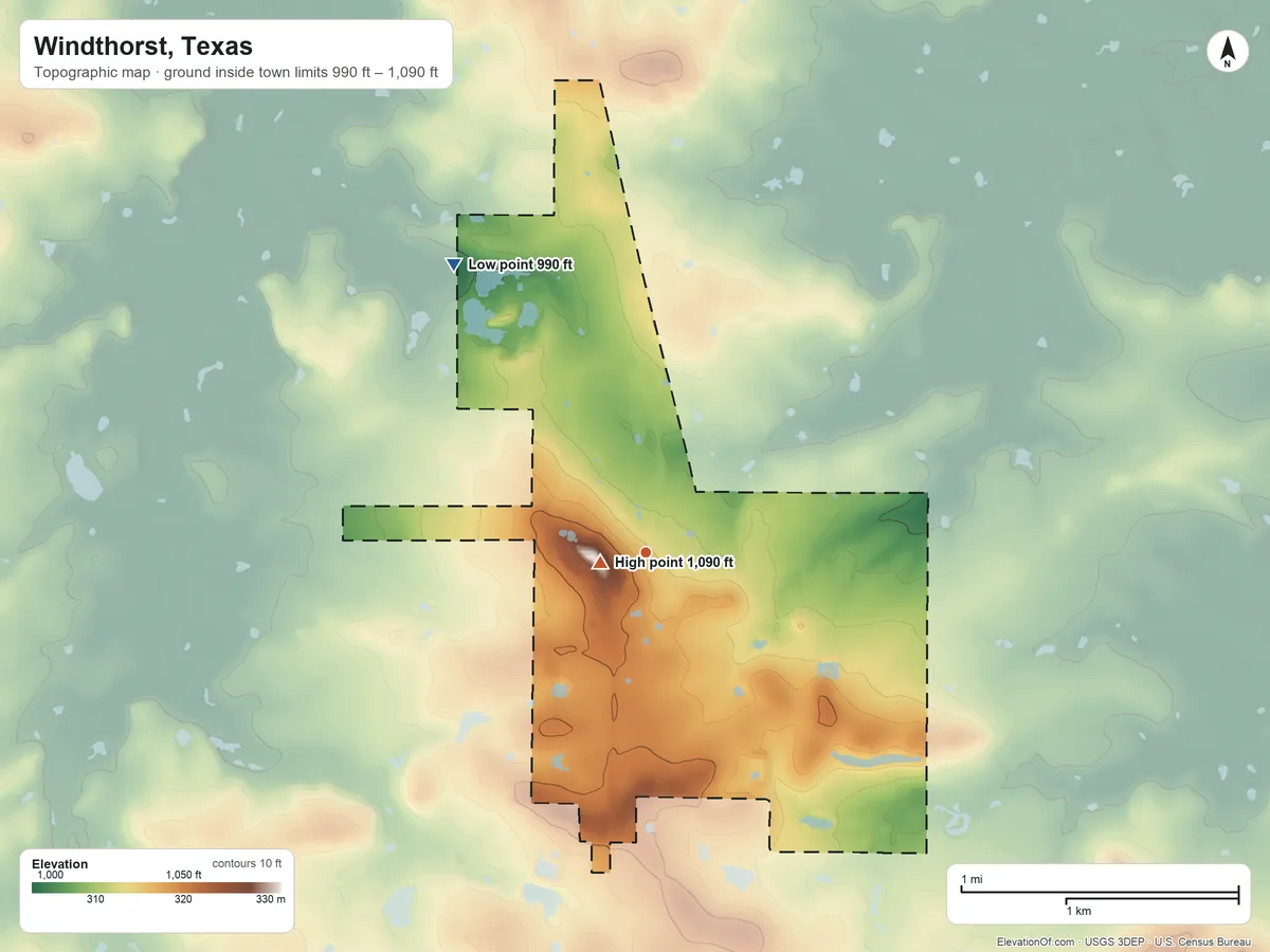 Topographic elevation map of Windthorst, Texas, shaded from 990 ft on the northwest side to 1,090 ft near the middle