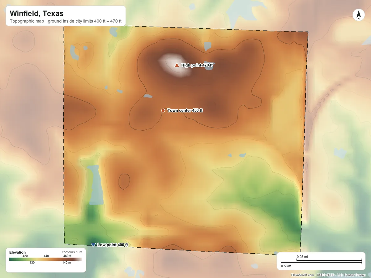 Topographic elevation map of Winfield, Texas, shaded from 400 ft on the southwest side to 470 ft on the north side
