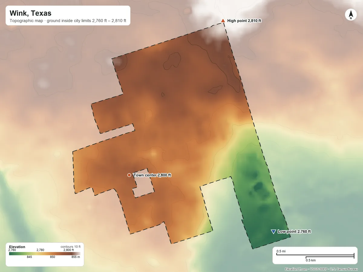 Topographic elevation map of Wink, Texas, shaded from 2,760 ft on the east side to 2,810 ft on the northeast side