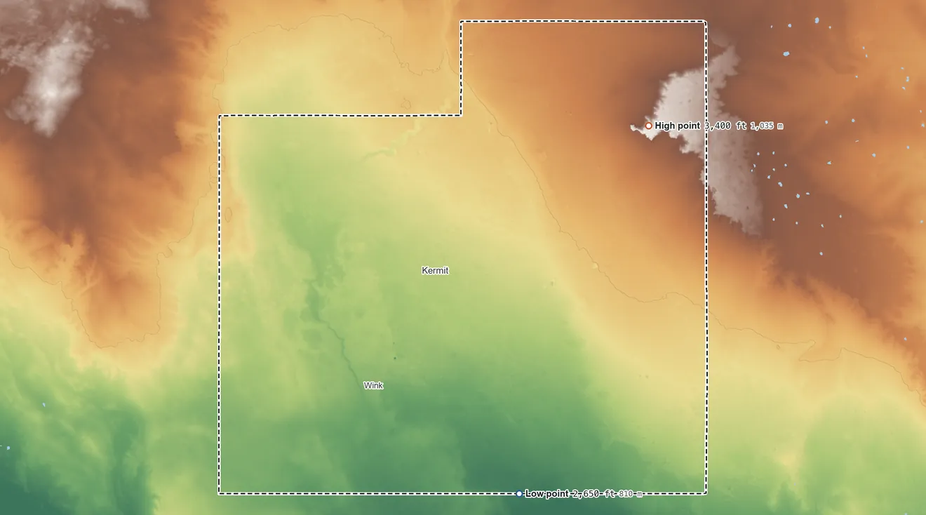 Topographic elevation map of Winkler County, Texas, shaded from 2,650 ft on the south side to 3,400 ft on the northeast side