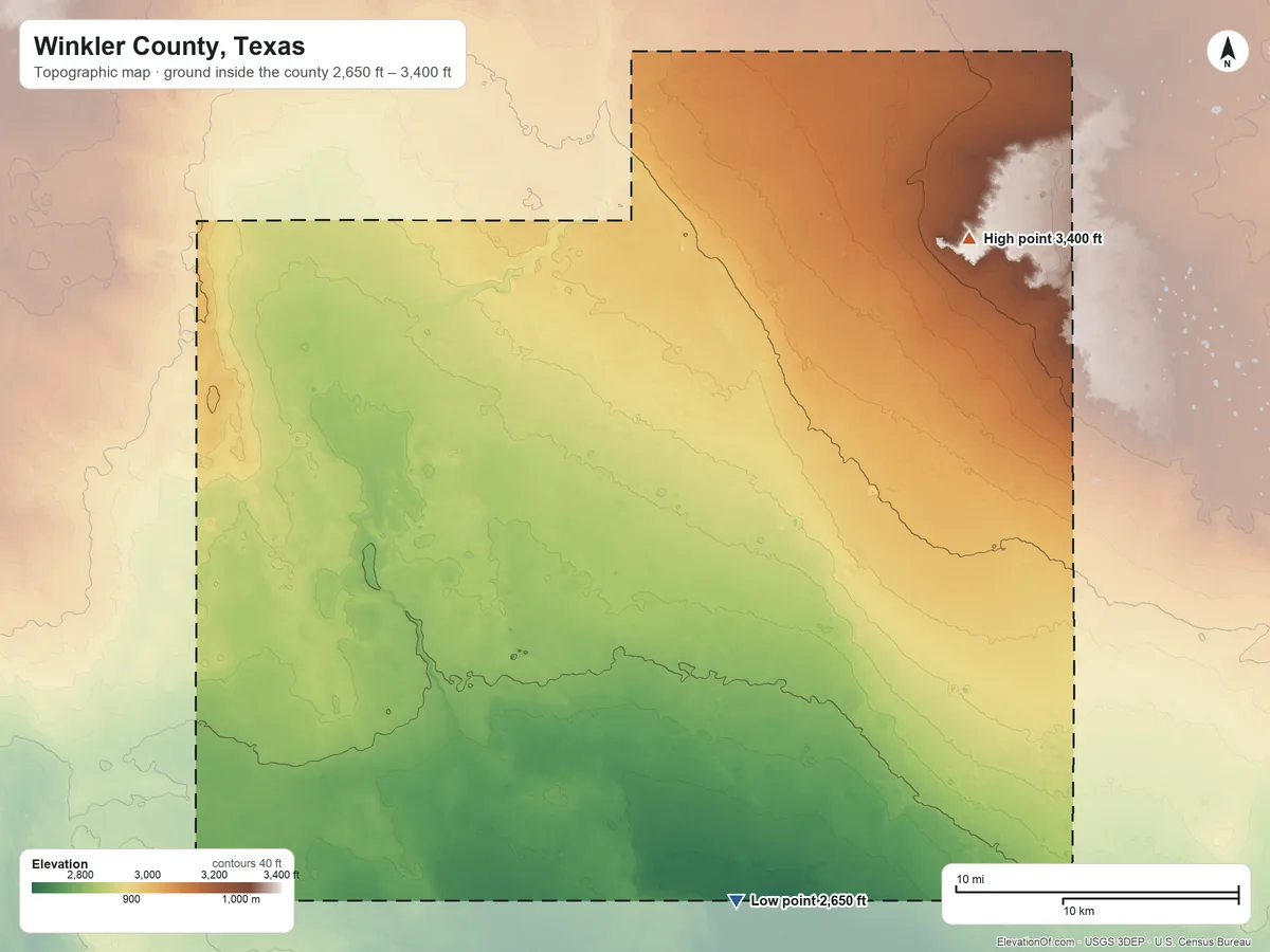 Topographic elevation map of Winkler County, Texas, shaded from 2,650 ft on the south side to 3,400 ft on the northeast side