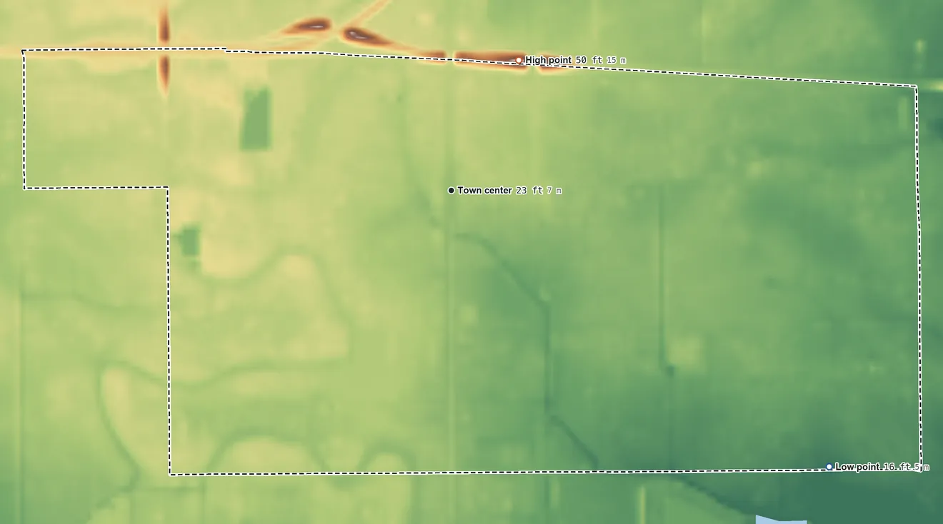 Topographic elevation map of Winnie, Texas, shaded from 16 ft on the southeast side to 50 ft on the northeast side