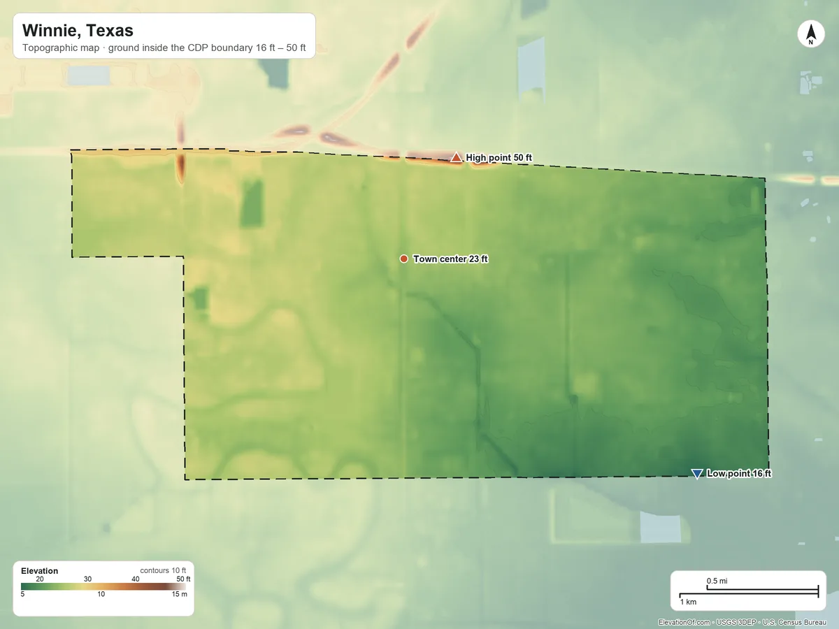 Topographic elevation map of Winnie, Texas, shaded from 16 ft on the southeast side to 50 ft on the northeast side