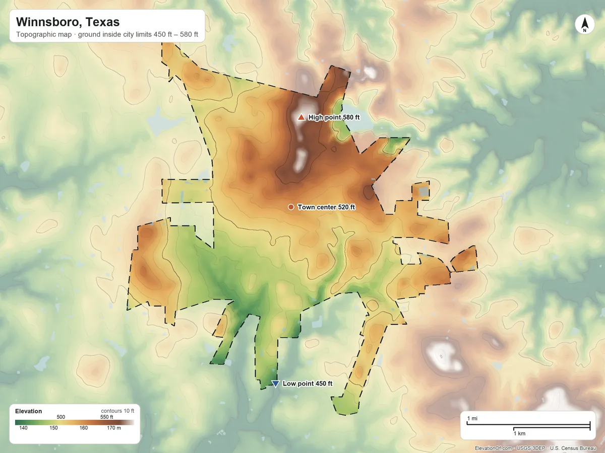 Topographic elevation map of Winnsboro, Texas, shaded from 450 ft on the south side to 580 ft on the north side