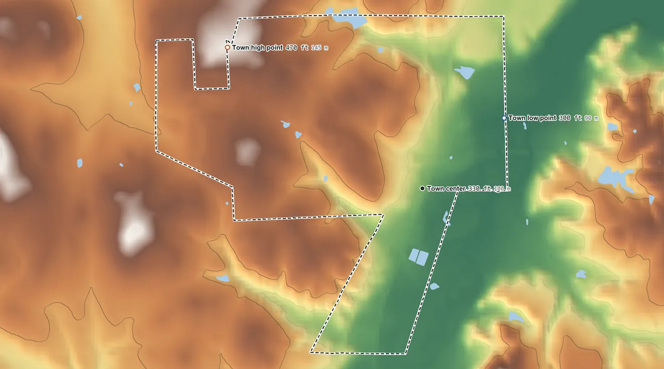 Topographic elevation map of Winona, Texas, shaded from 300 ft on the northeast side to 470 ft on the northwest side
