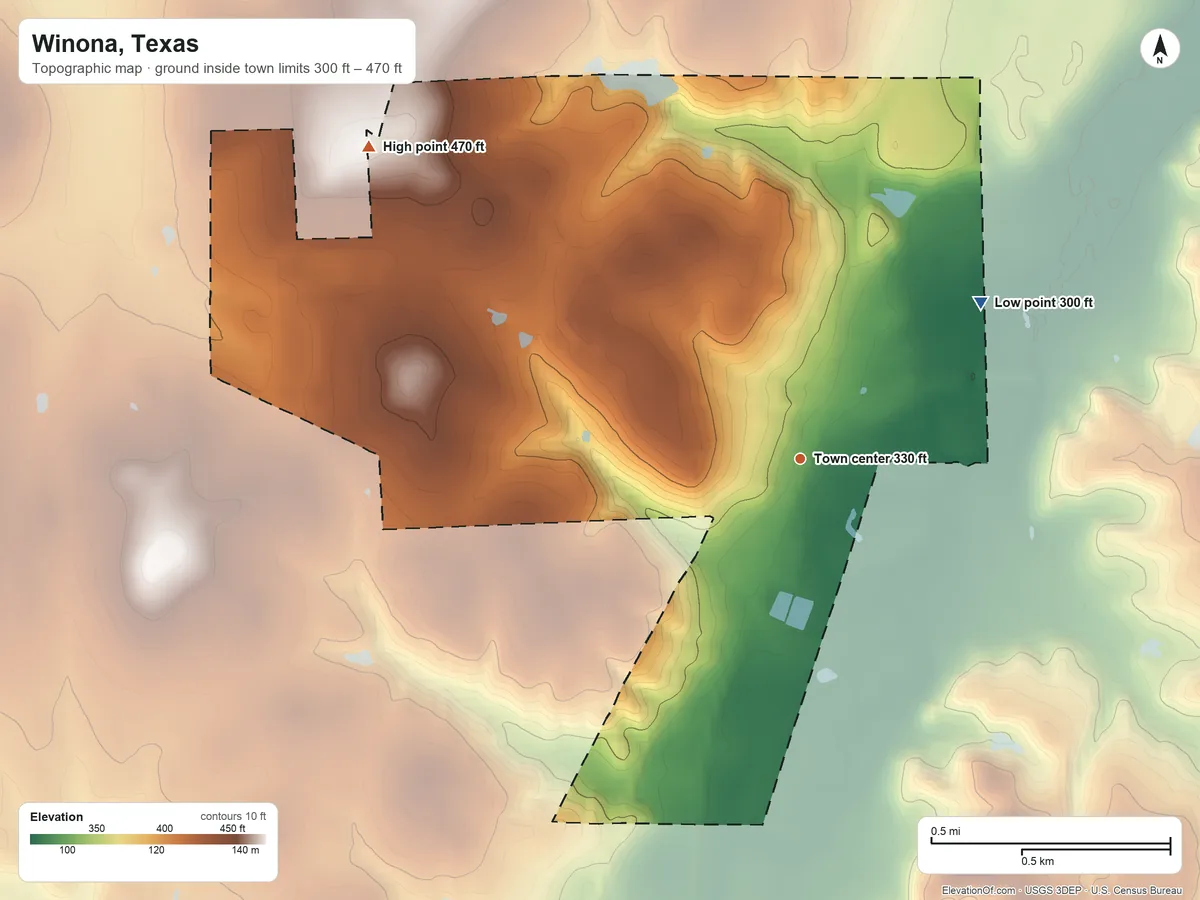 Topographic elevation map of Winona, Texas, shaded from 300 ft on the northeast side to 470 ft on the northwest side