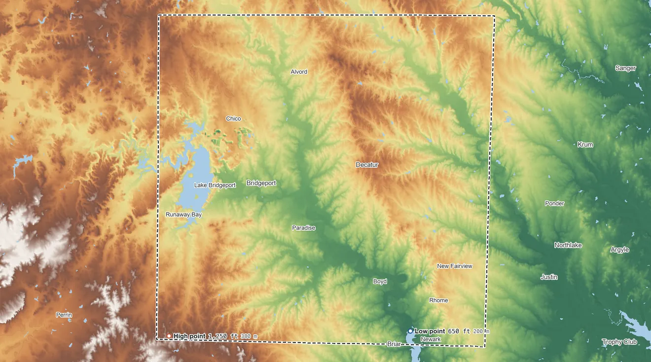 Topographic elevation map of Wise County, Texas, shaded from 650 ft on the southeast side to 1,250 ft on the southwest side