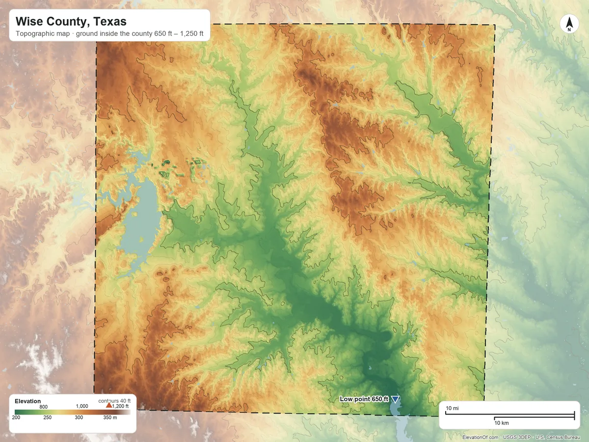 Topographic elevation map of Wise County, Texas, shaded from 650 ft on the southeast side to 1,250 ft on the southwest side