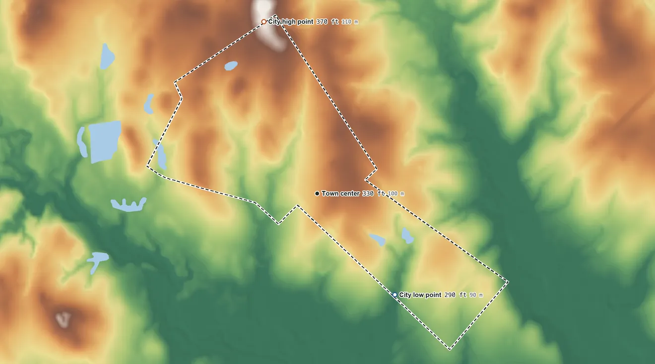 Topographic elevation map of Wixon Valley, Texas, shaded from 290 ft on the southeast side to 370 ft on the north side