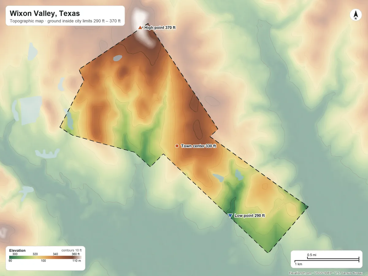 Topographic elevation map of Wixon Valley, Texas, shaded from 290 ft on the southeast side to 370 ft on the north side