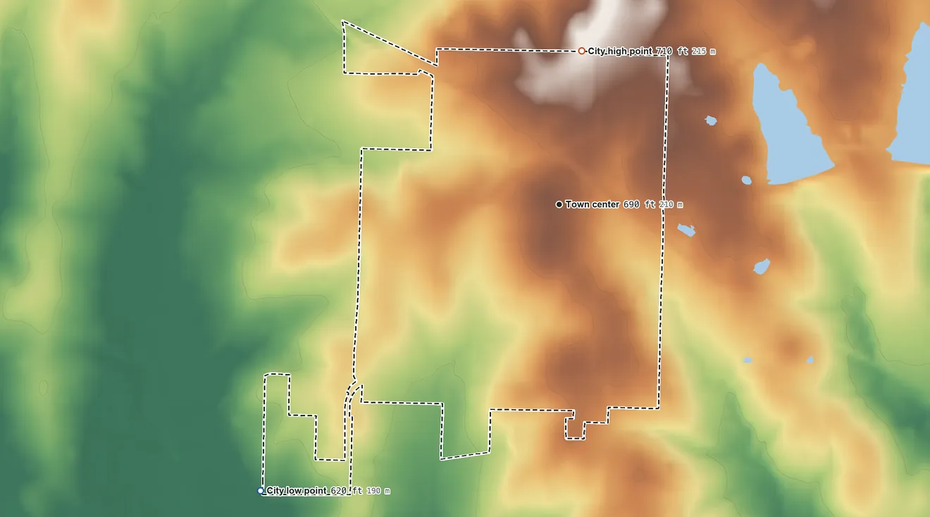 Topographic elevation map of Wolfe City, Texas, shaded from 620 ft on the southwest side to 710 ft on the north side