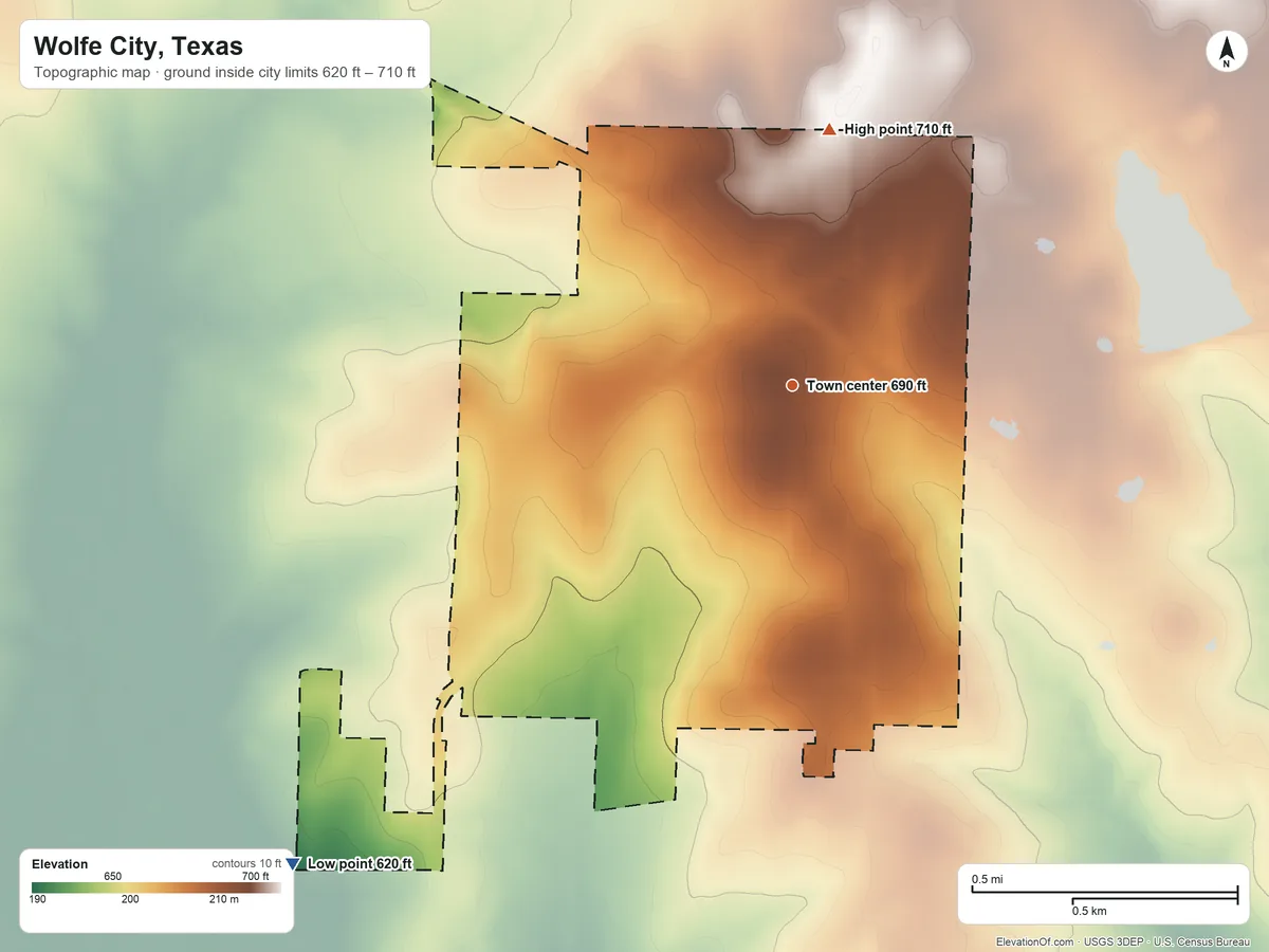 Topographic elevation map of Wolfe City, Texas, shaded from 620 ft on the southwest side to 710 ft on the north side