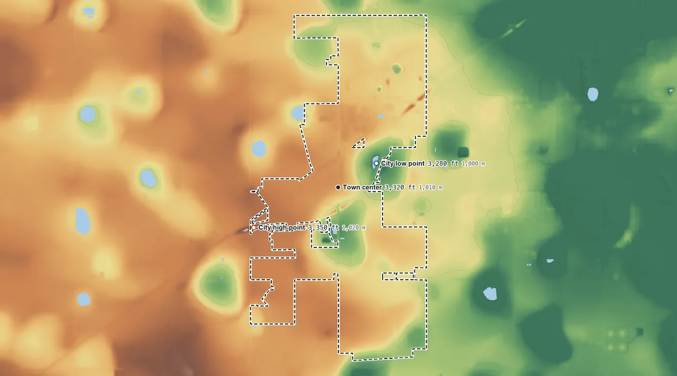 Topographic elevation map of Wolfforth, Texas, shaded from 3,280 ft on the northeast side to 3,350 ft on the southwest side