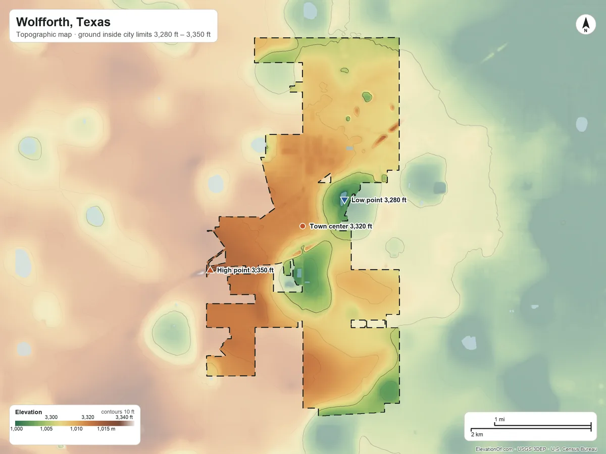 Topographic elevation map of Wolfforth, Texas, shaded from 3,280 ft on the northeast side to 3,350 ft on the southwest side