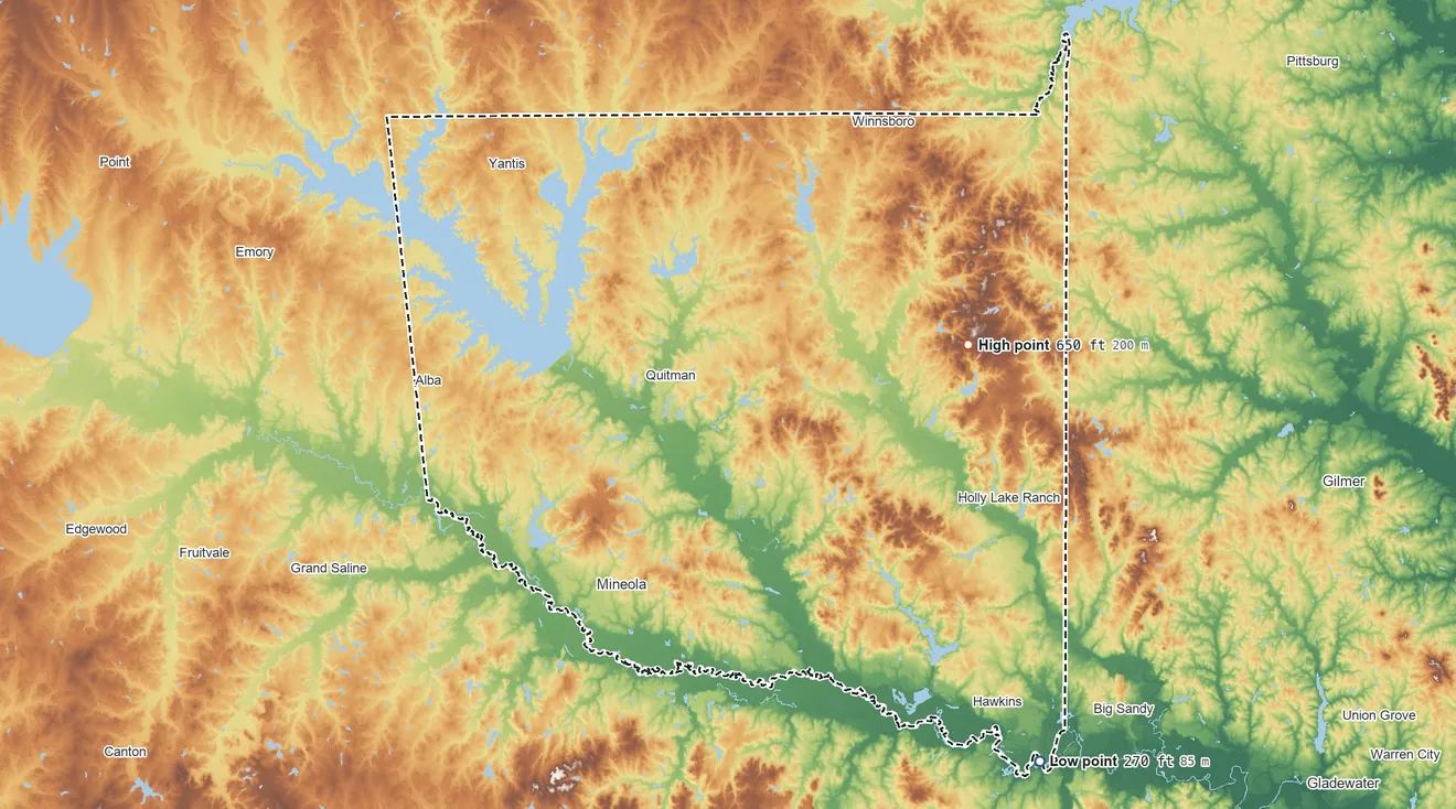 Topographic elevation map of Wood County, Texas, shaded from 270 ft on the southeast side to 650 ft on the east side
