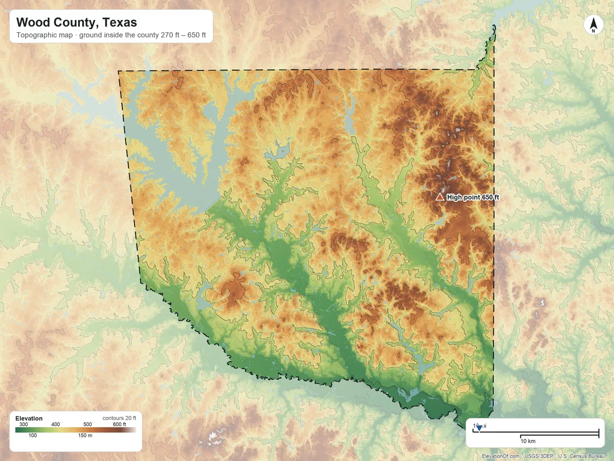 Topographic elevation map of Wood County, Texas, shaded from 270 ft on the southeast side to 650 ft on the east side
