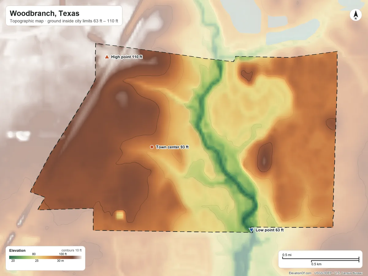 Topographic elevation map of Woodbranch, Texas, shaded from 63 ft on the southeast side to 110 ft on the northwest side