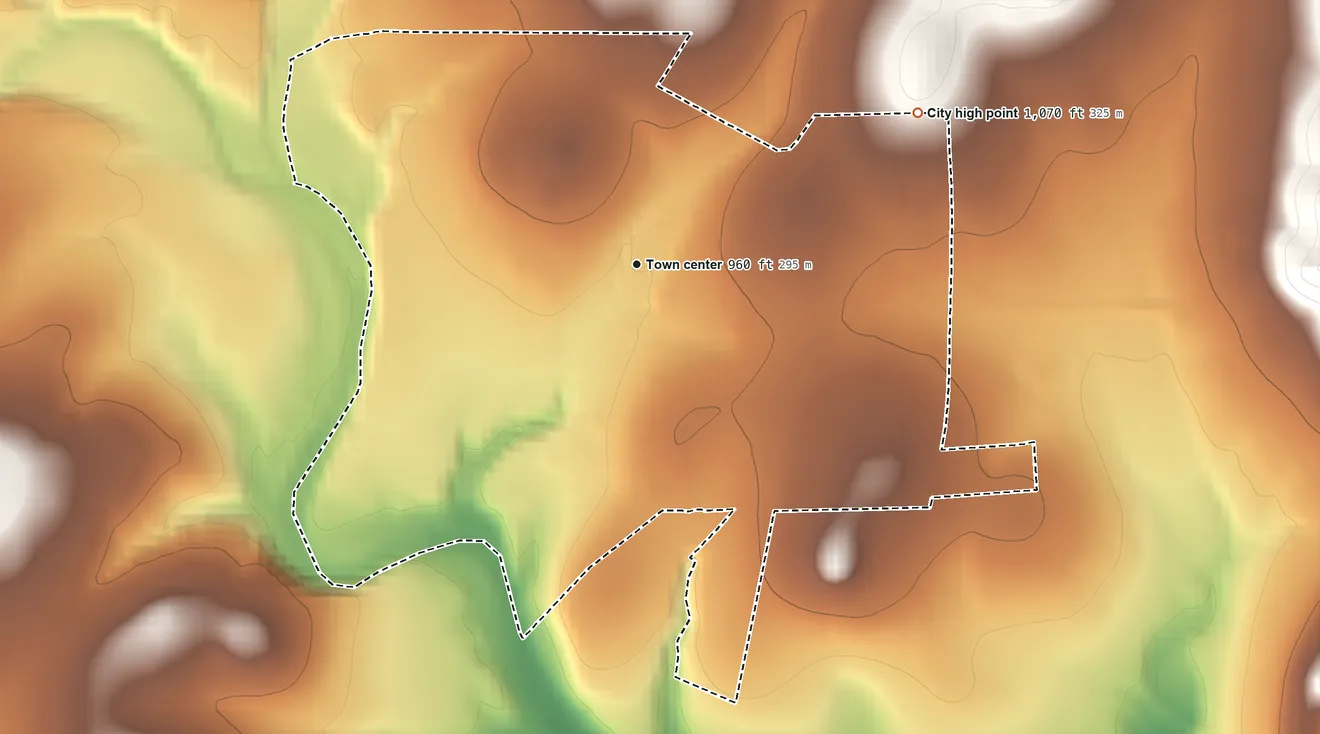 Topographic elevation map of Woodcreek, Texas, shaded from 870 ft on the south side to 1,070 ft on the northeast side