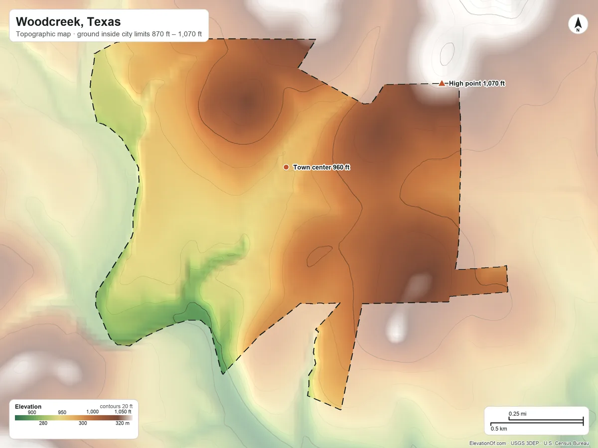 Topographic elevation map of Woodcreek, Texas, shaded from 870 ft on the south side to 1,070 ft on the northeast side