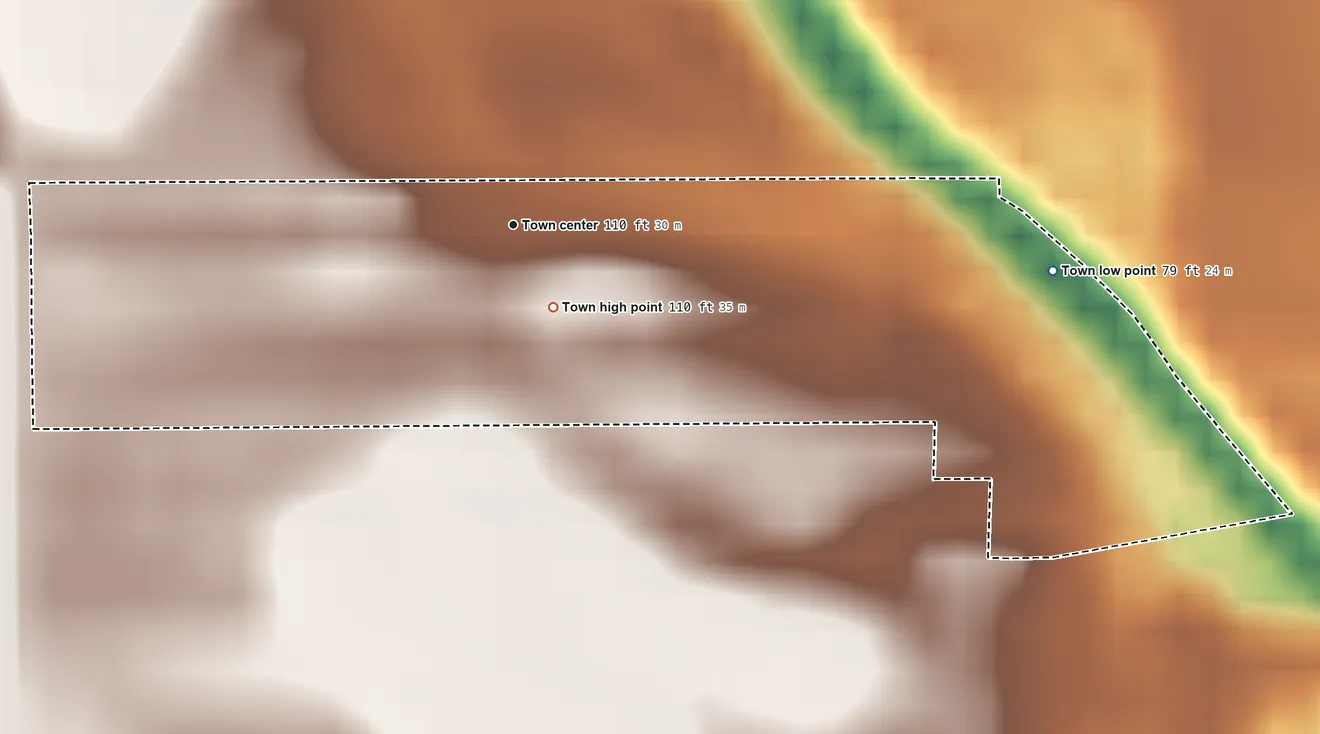 Topographic elevation map of Woodloch, Texas, shaded from 79 ft on the east side to 110 ft near the middle