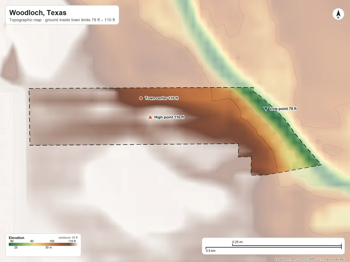 Topographic elevation map of Woodloch, Texas, shaded from 79 ft on the east side to 110 ft near the middle