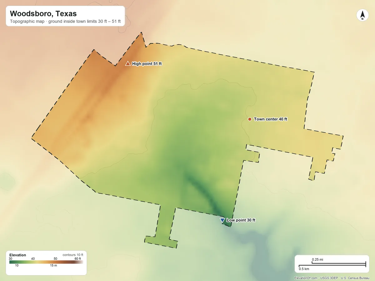 Topographic elevation map of Woodsboro, Texas, shaded from 30 ft on the south side to 51 ft on the northwest side