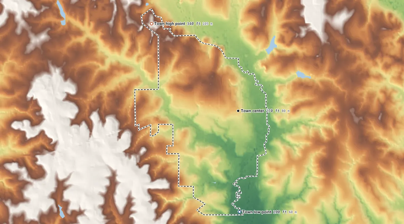 Topographic elevation map of Woodville, Texas, shaded from 200 ft on the south side to 340 ft on the northwest side