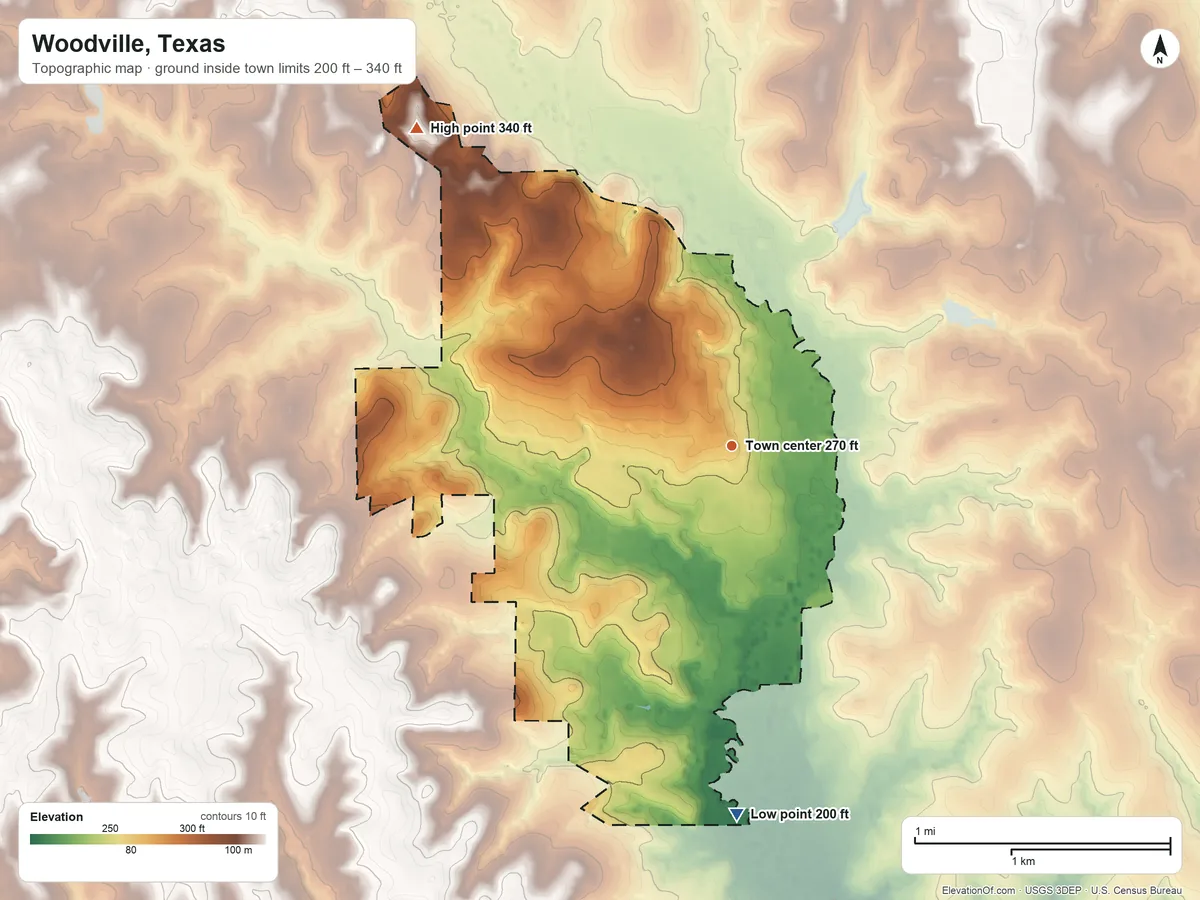 Topographic elevation map of Woodville, Texas, shaded from 200 ft on the south side to 340 ft on the northwest side