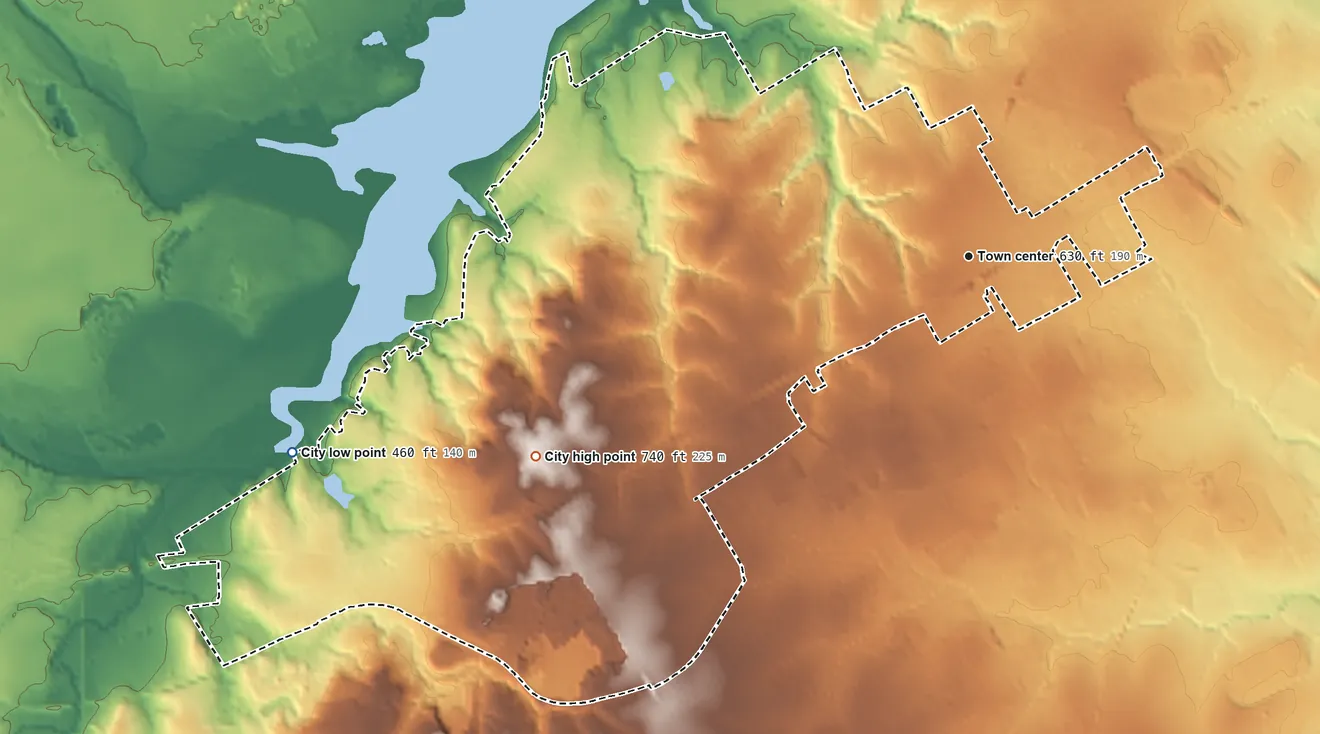 Topographic elevation map of Woodway, Texas, shaded from 460 ft on the west side to 740 ft on the southwest side