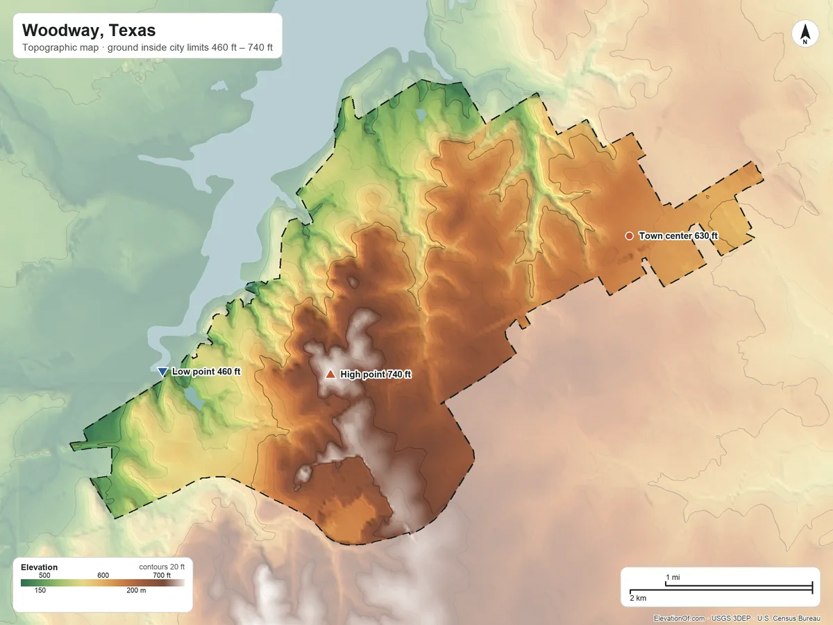 Topographic elevation map of Woodway, Texas, shaded from 460 ft on the west side to 740 ft on the southwest side