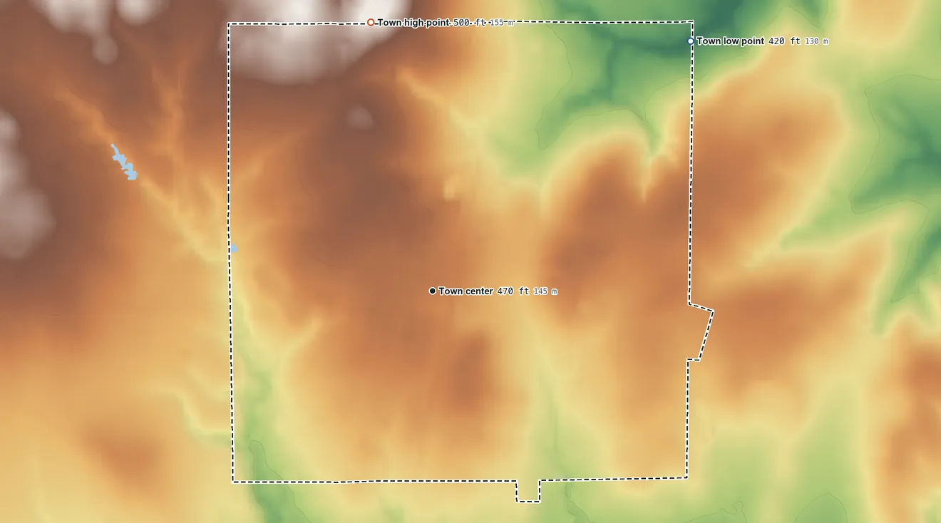Topographic elevation map of Wortham, Texas, shaded from 420 ft on the northeast side to 500 ft on the north side