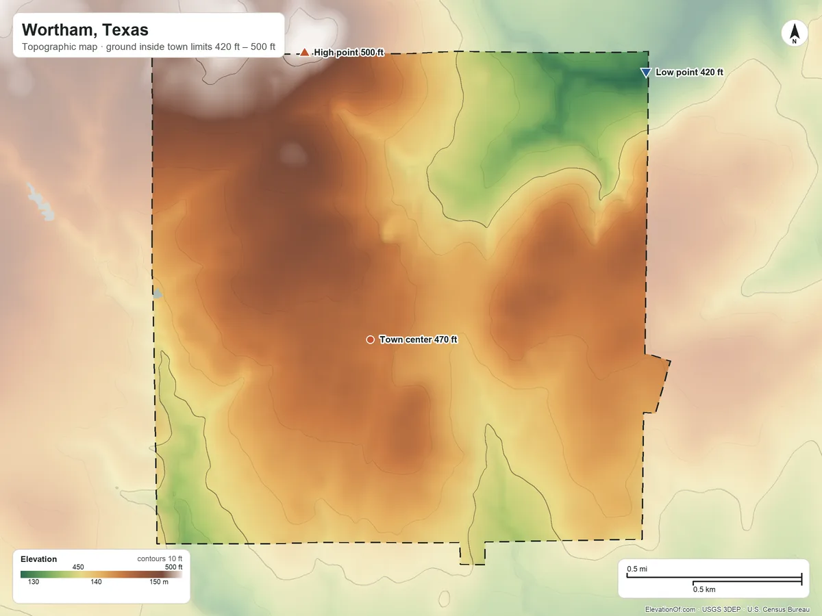 Topographic elevation map of Wortham, Texas, shaded from 420 ft on the northeast side to 500 ft on the north side