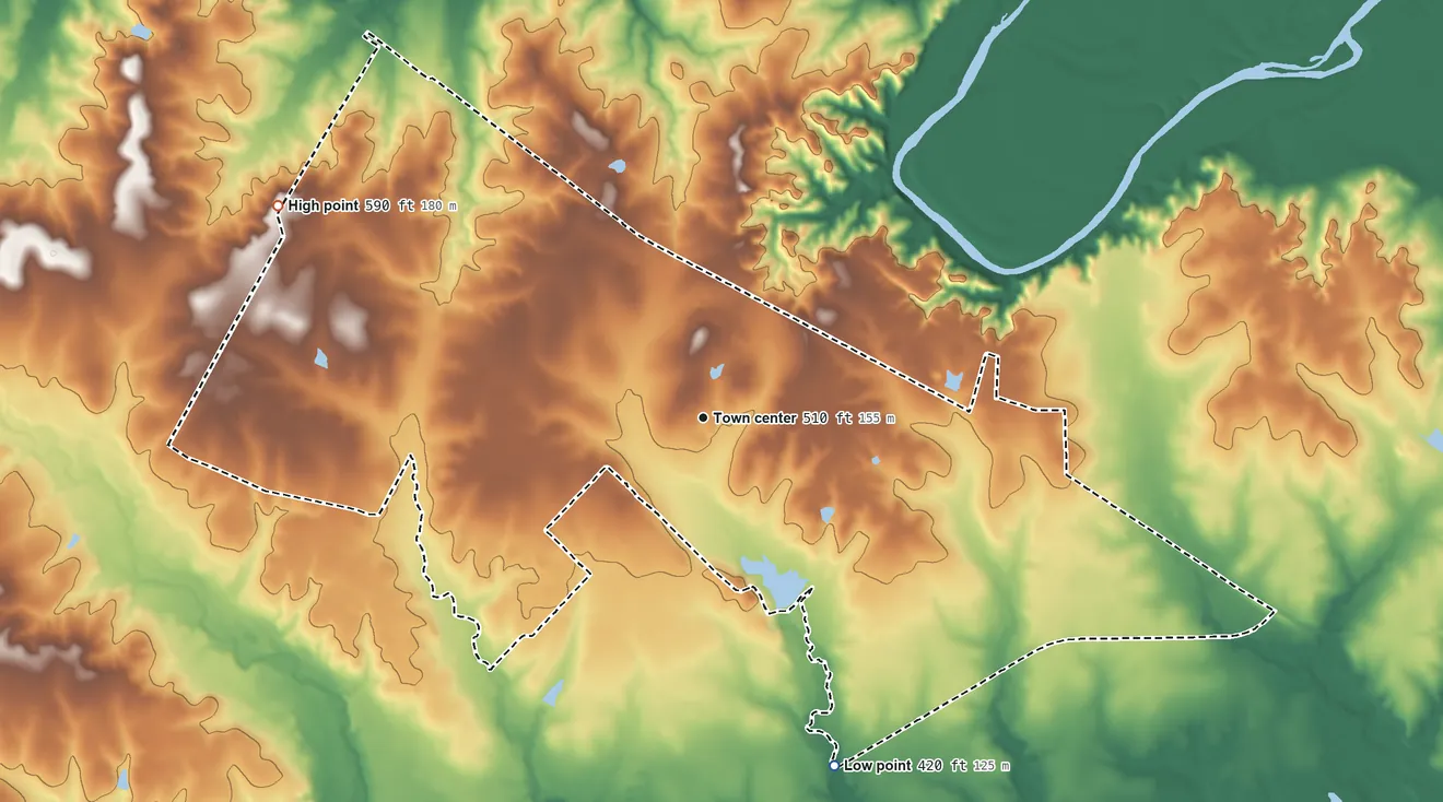 Topographic elevation map of Wyldwood, Texas, shaded from 420 ft on the south side to 590 ft on the northwest side